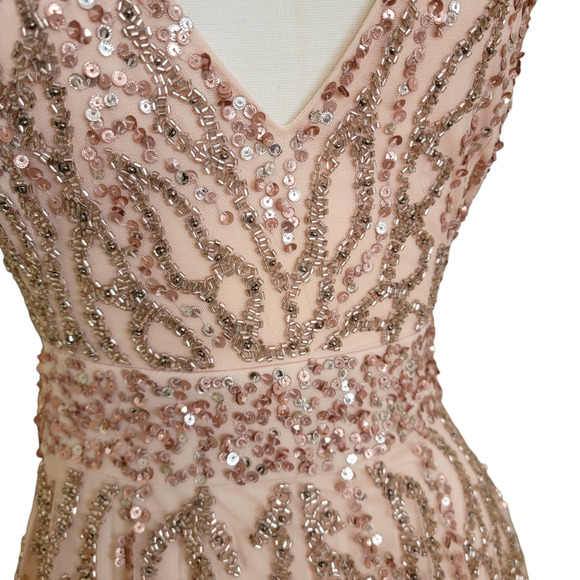 Mac Duggal 5682 14 Apricot Peach Pink Sequin Beaded Embellished Long Gown Dress - Picture 3 of 13
